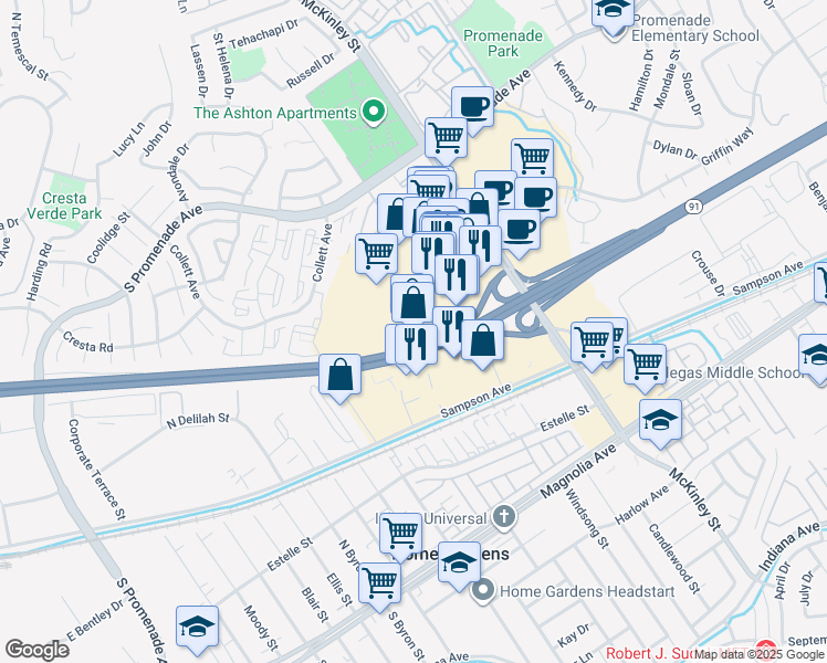 map of restaurants, bars, coffee shops, grocery stores, and more near 390 North McKinley Street in Corona