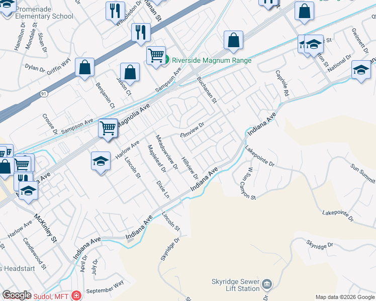 map of restaurants, bars, coffee shops, grocery stores, and more near in Riverside