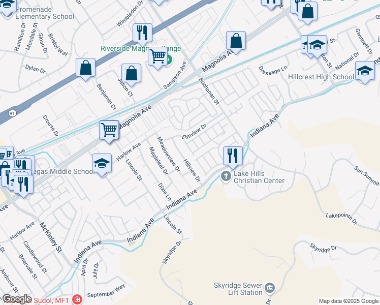 map of restaurants, bars, coffee shops, grocery stores, and more near 3500 Buchanan street in Riverside