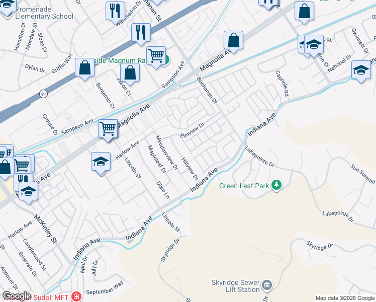 map of restaurants, bars, coffee shops, grocery stores, and more near 3565 Hillview Drive in Riverside