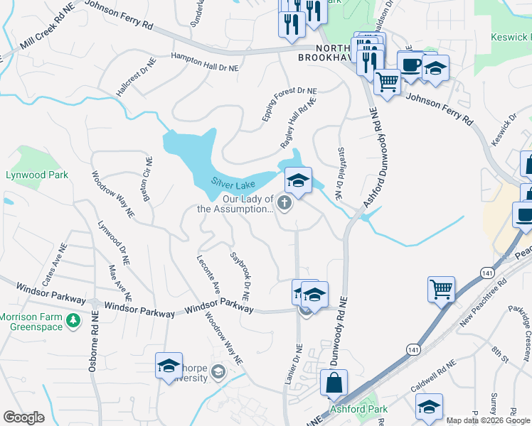 map of restaurants, bars, coffee shops, grocery stores, and more near 1407 Hearst Drive Northeast in Atlanta