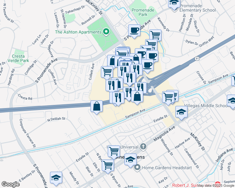 map of restaurants, bars, coffee shops, grocery stores, and more near 390 North McKinley Street in Corona