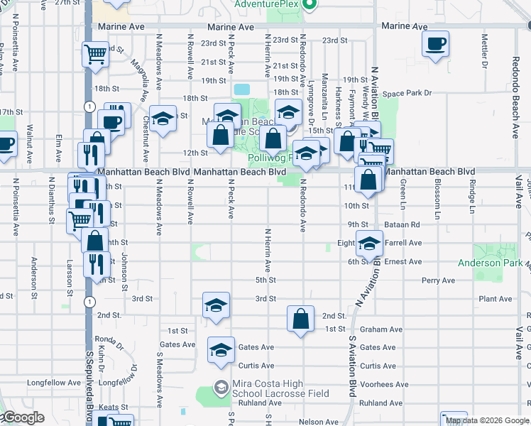 map of restaurants, bars, coffee shops, grocery stores, and more near 919 North Herrin Street in Manhattan Beach
