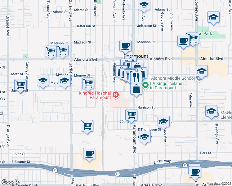 map of restaurants, bars, coffee shops, grocery stores, and more near 7800 Jackson Street in Paramount