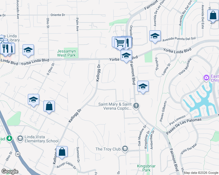 map of restaurants, bars, coffee shops, grocery stores, and more near 19501 Shadow Hill Drive in Yorba Linda