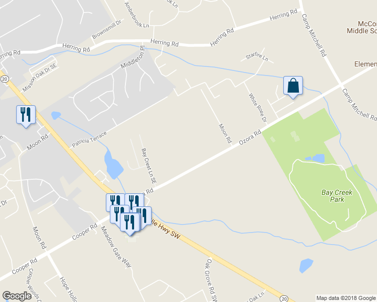 map of restaurants, bars, coffee shops, grocery stores, and more near 136 Ozora Road in Loganville