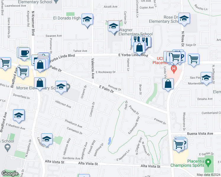 map of restaurants, bars, coffee shops, grocery stores, and more near 712 Kenoak Drive in Placentia