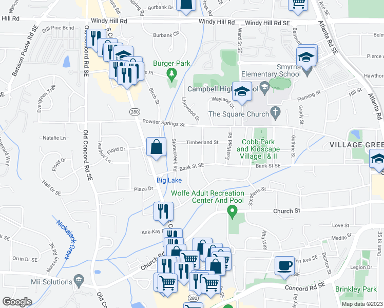 map of restaurants, bars, coffee shops, grocery stores, and more near 2799 Hillside Road in Smyrna