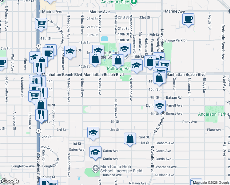 map of restaurants, bars, coffee shops, grocery stores, and more near 919 North Herrin Street in Manhattan Beach