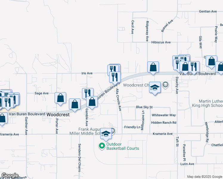 map of restaurants, bars, coffee shops, grocery stores, and more near 17945 Van Buren Boulevard in Riverside