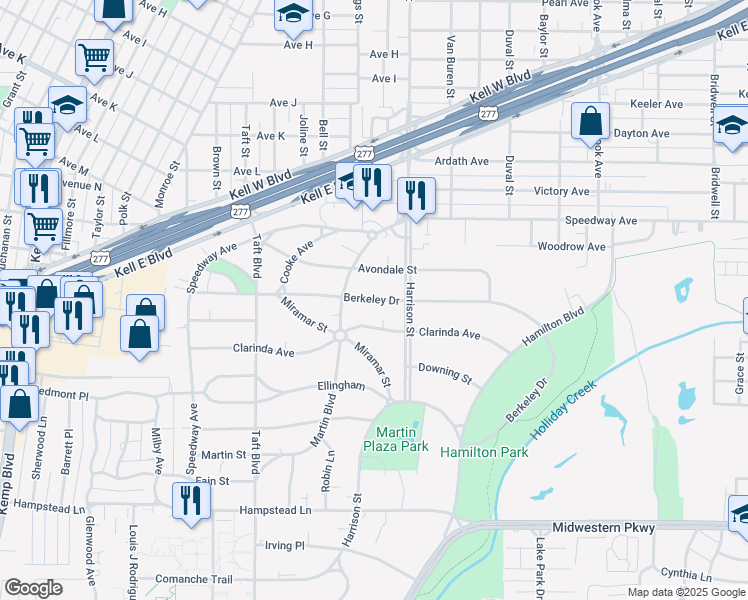 map of restaurants, bars, coffee shops, grocery stores, and more near 2103 Berkeley Drive in Wichita Falls