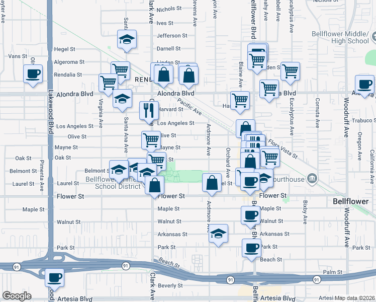 map of restaurants, bars, coffee shops, grocery stores, and more near 9520 Mayne Street in Bellflower