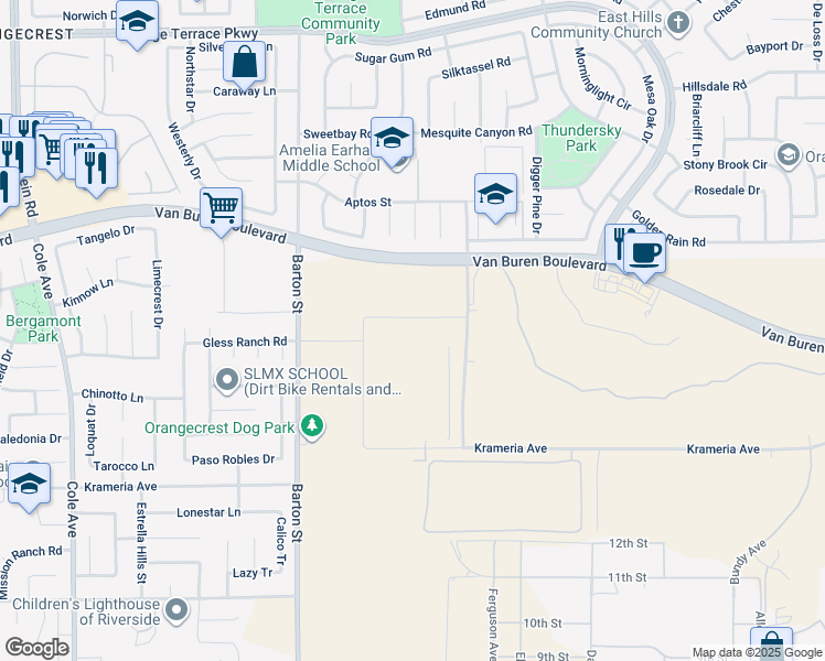 map of restaurants, bars, coffee shops, grocery stores, and more near 20201 Caroline Way in March Air Reserve Base