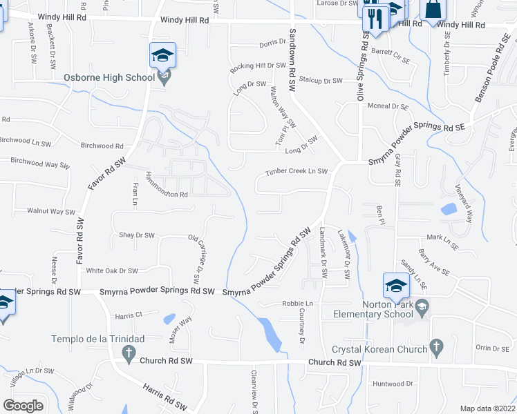 map of restaurants, bars, coffee shops, grocery stores, and more near 2782 Northwood Court in Marietta