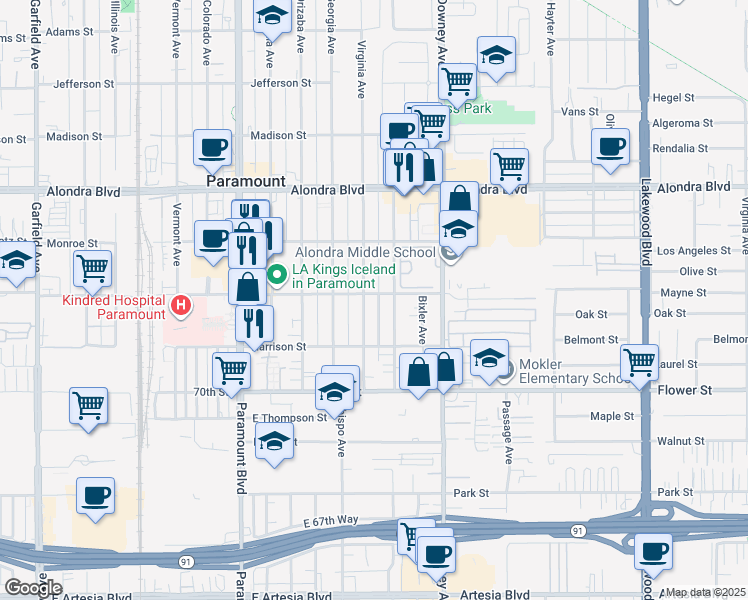 map of restaurants, bars, coffee shops, grocery stores, and more near 16403 Parkshire Court in Paramount