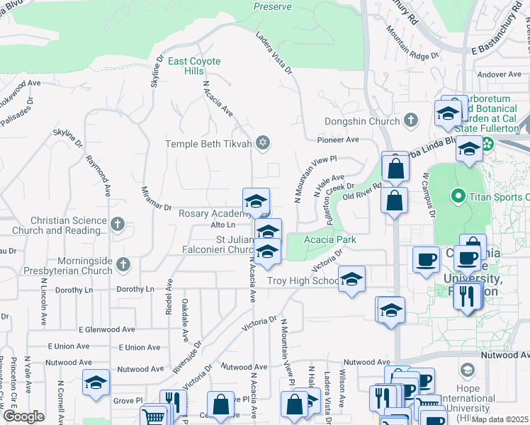 map of restaurants, bars, coffee shops, grocery stores, and more near 1710 Miramar Drive in Fullerton