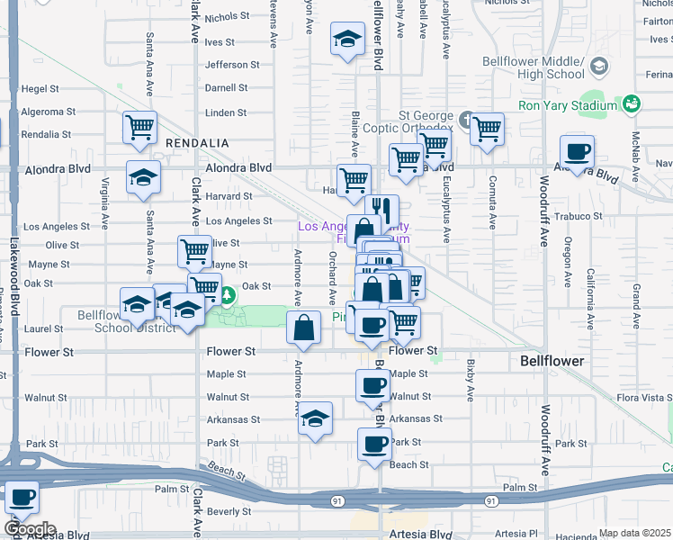 map of restaurants, bars, coffee shops, grocery stores, and more near 9700 Mayne Street in Bellflower