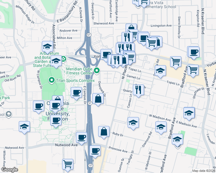 map of restaurants, bars, coffee shops, grocery stores, and more near 1356 Deerpark Drive in Fullerton