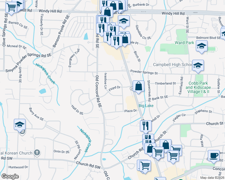 map of restaurants, bars, coffee shops, grocery stores, and more near 2819 Ivanhoe Lane in Smyrna