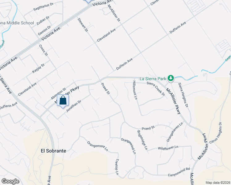 map of restaurants, bars, coffee shops, grocery stores, and more near 2167 Praed Street in Riverside