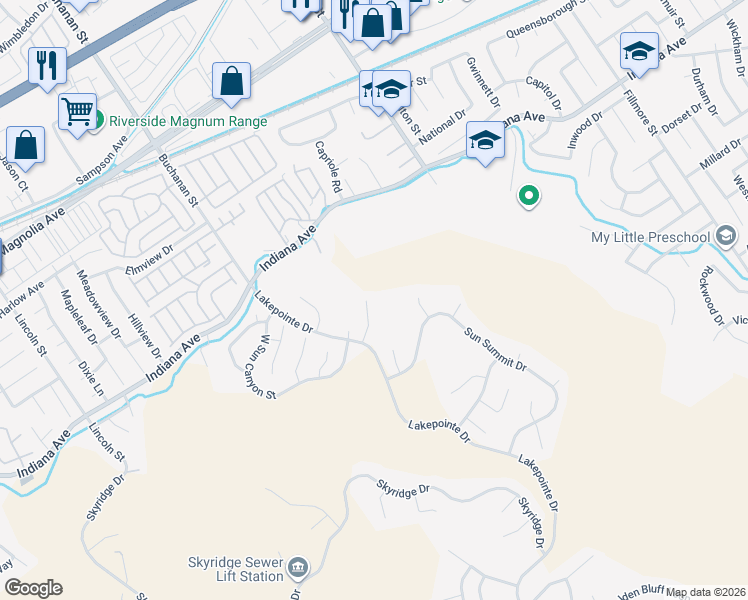map of restaurants, bars, coffee shops, grocery stores, and more near 16142 Blue Haven Court in Riverside