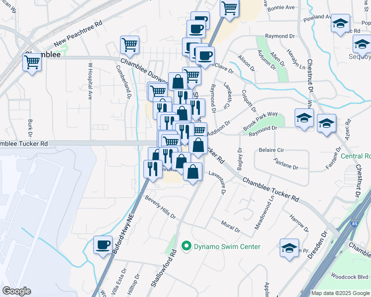map of restaurants, bars, coffee shops, grocery stores, and more near 2501 Chamblee Tucker Road in Chamblee