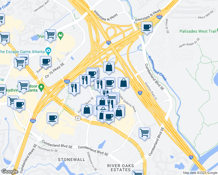 map of restaurants, bars, coffee shops, grocery stores, and more near 400 Galleria Parkway in Atlanta