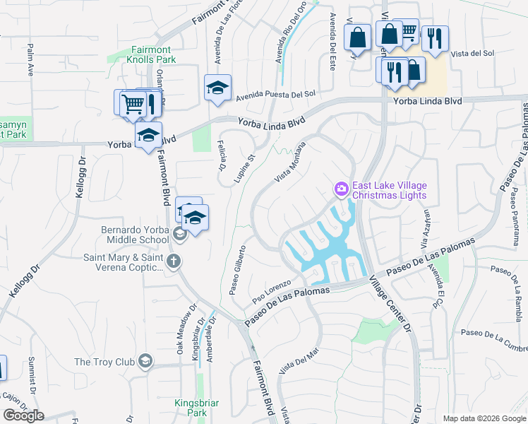 map of restaurants, bars, coffee shops, grocery stores, and more near 5288 Vista Montana in Yorba Linda