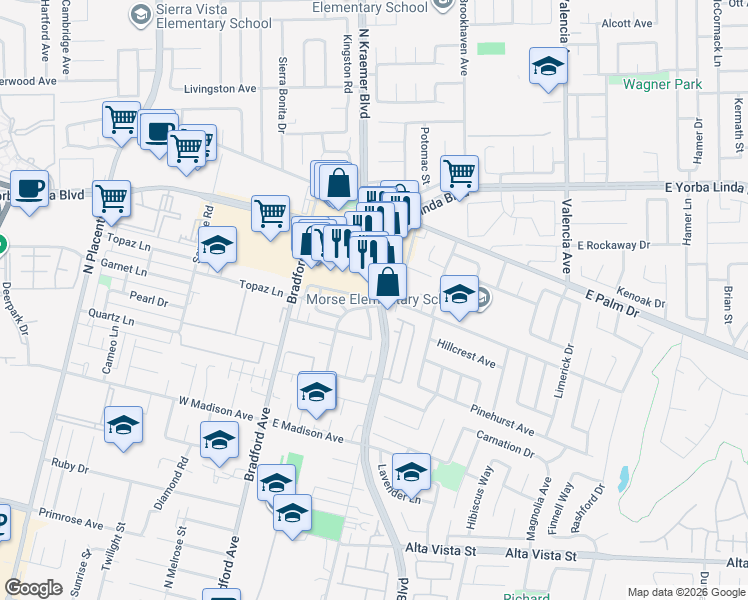 map of restaurants, bars, coffee shops, grocery stores, and more near 1292 North Kraemer Boulevard in Placentia