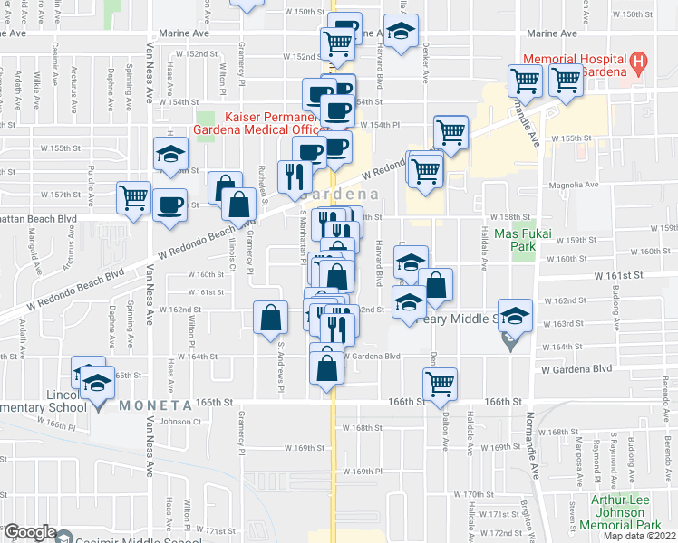 map of restaurants, bars, coffee shops, grocery stores, and more near 16012 South Western Avenue in Gardena