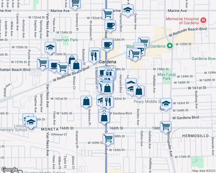 map of restaurants, bars, coffee shops, grocery stores, and more near 16012 South Western Avenue in Gardena