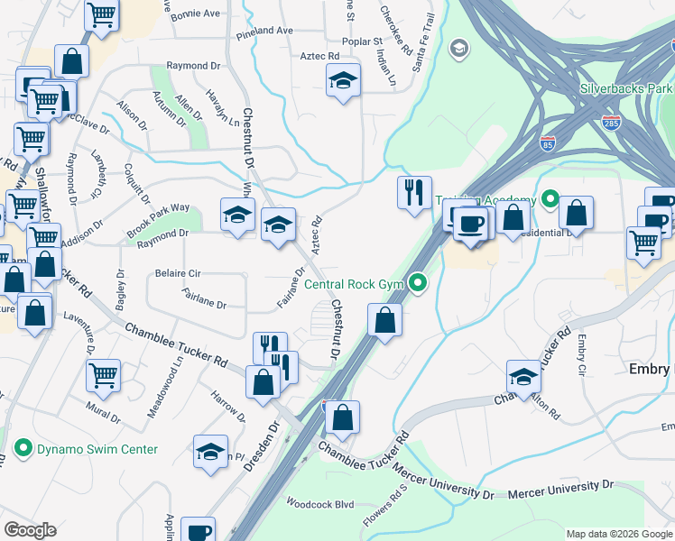 map of restaurants, bars, coffee shops, grocery stores, and more near 3145 Chestnut Drive in Atlanta