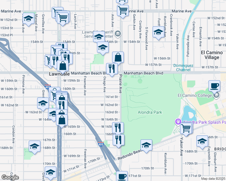 map of restaurants, bars, coffee shops, grocery stores, and more near 4028 160th Street in Lawndale