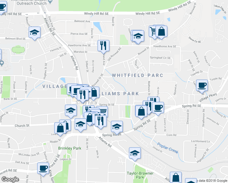 map of restaurants, bars, coffee shops, grocery stores, and more near 1429 Walker Court in Smyrna