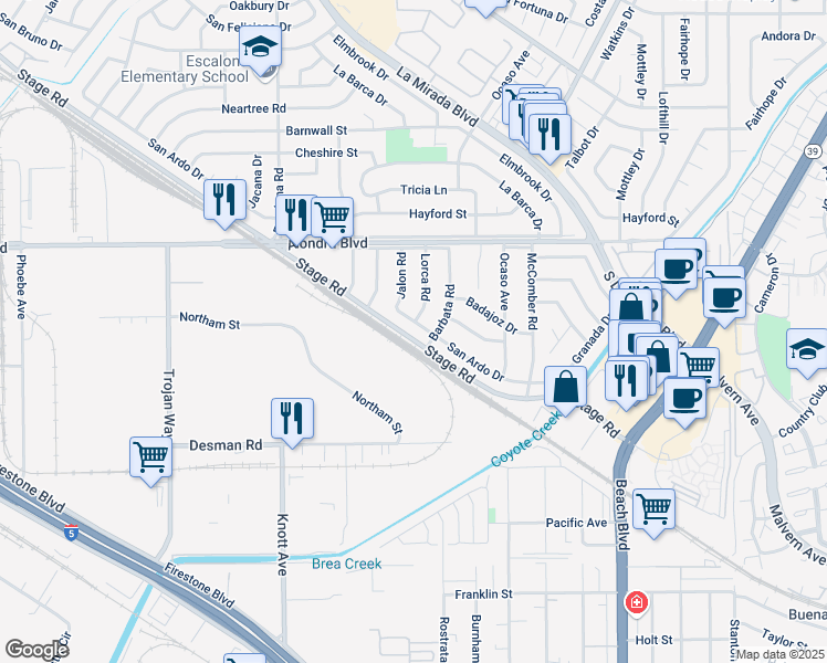 map of restaurants, bars, coffee shops, grocery stores, and more near 15236 San Ardo Drive in La Mirada