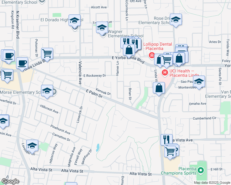 map of restaurants, bars, coffee shops, grocery stores, and more near 5251 Hamer Lane in Placentia