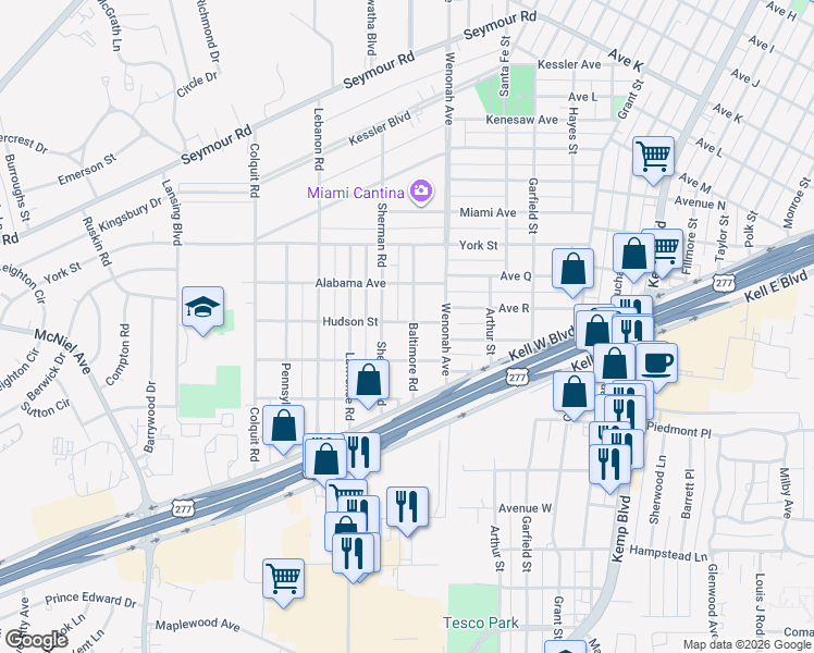 map of restaurants, bars, coffee shops, grocery stores, and more near 2807 Sherman Road in Wichita Falls