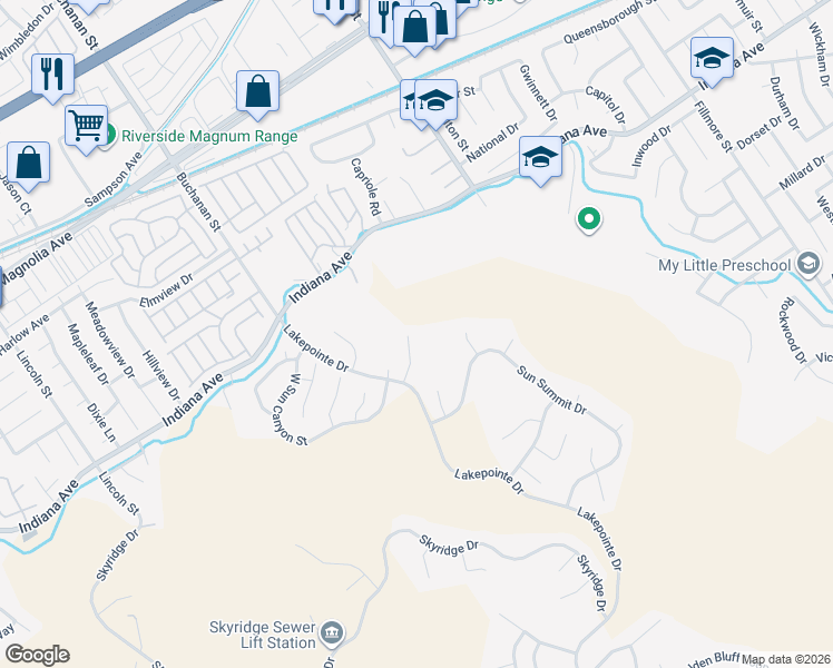 map of restaurants, bars, coffee shops, grocery stores, and more near 16142 Blue Haven Court in Riverside