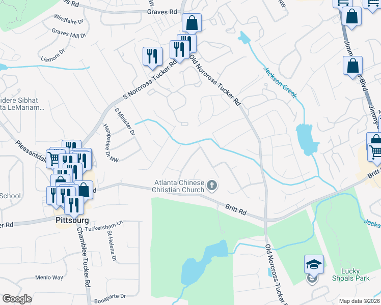 map of restaurants, bars, coffee shops, grocery stores, and more near 1126 Sanford's Walk Northwest in Tucker