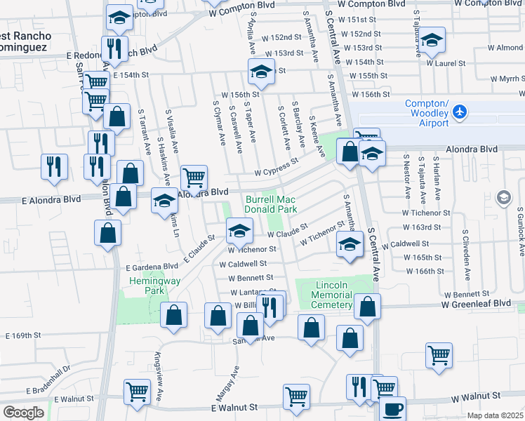 map of restaurants, bars, coffee shops, grocery stores, and more near 1006 South Caswell Avenue in Compton