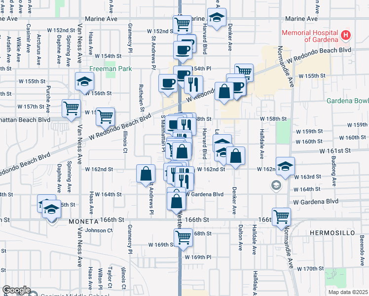 map of restaurants, bars, coffee shops, grocery stores, and more near 16020 South Western Avenue in Gardena