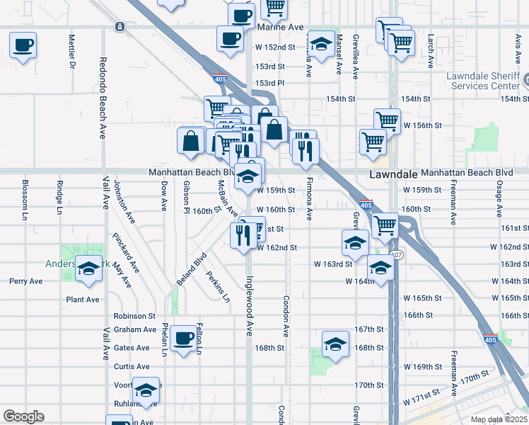 map of restaurants, bars, coffee shops, grocery stores, and more near 4734 West 160th Street in Lawndale