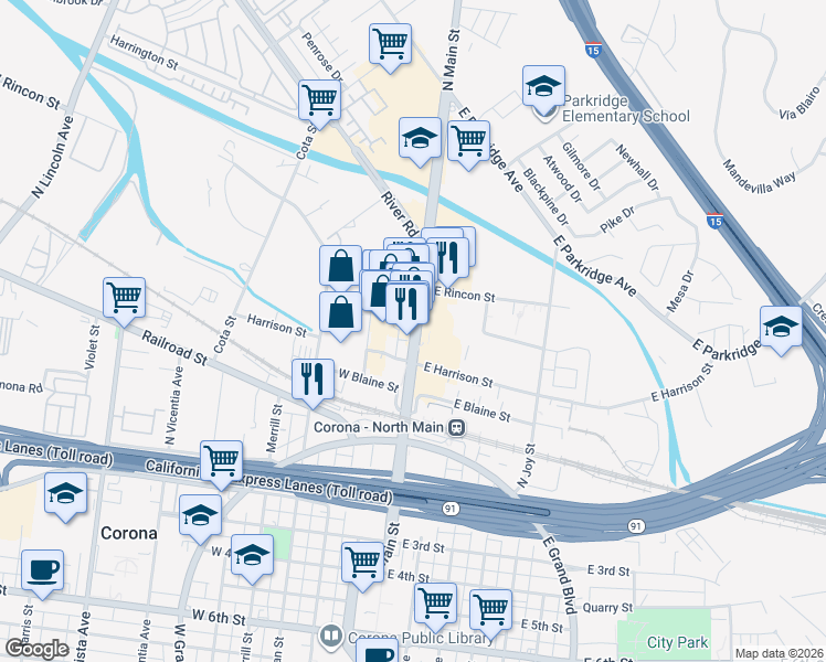 map of restaurants, bars, coffee shops, grocery stores, and more near 408 North Main Street in Corona