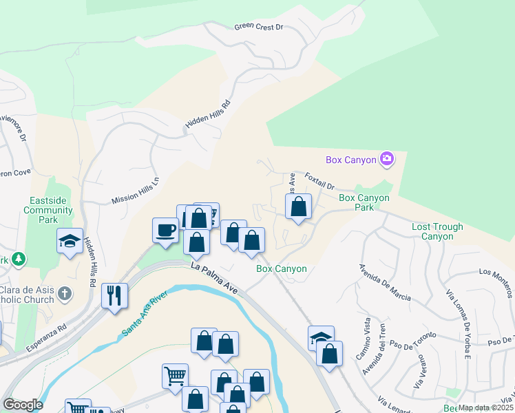 map of restaurants, bars, coffee shops, grocery stores, and more near 5255 Box Canyon Court in Yorba Linda