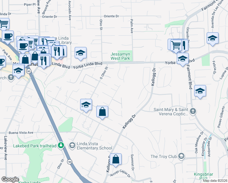 map of restaurants, bars, coffee shops, grocery stores, and more near 5241 Grandview Avenue in Yorba Linda