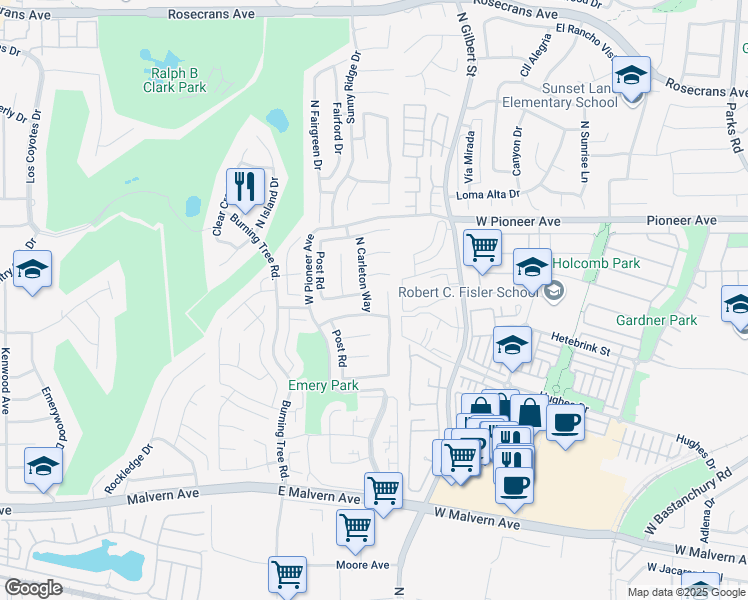 map of restaurants, bars, coffee shops, grocery stores, and more near 1301 Candlewood Drive in Fullerton