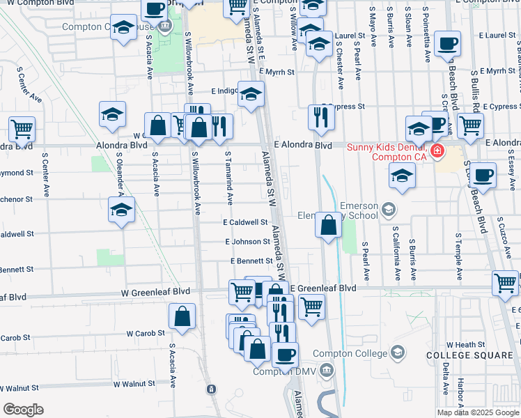 map of restaurants, bars, coffee shops, grocery stores, and more near 241 East Caldwell Street in Compton