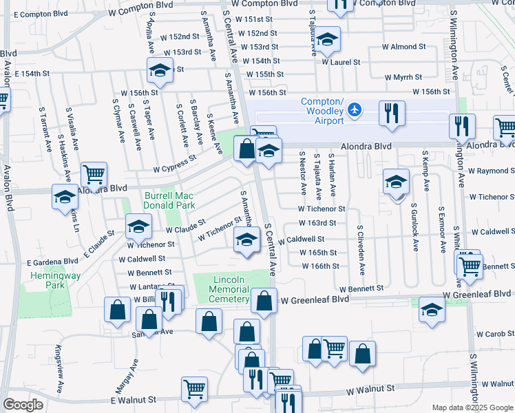 map of restaurants, bars, coffee shops, grocery stores, and more near 1115 South Central Avenue in Compton
