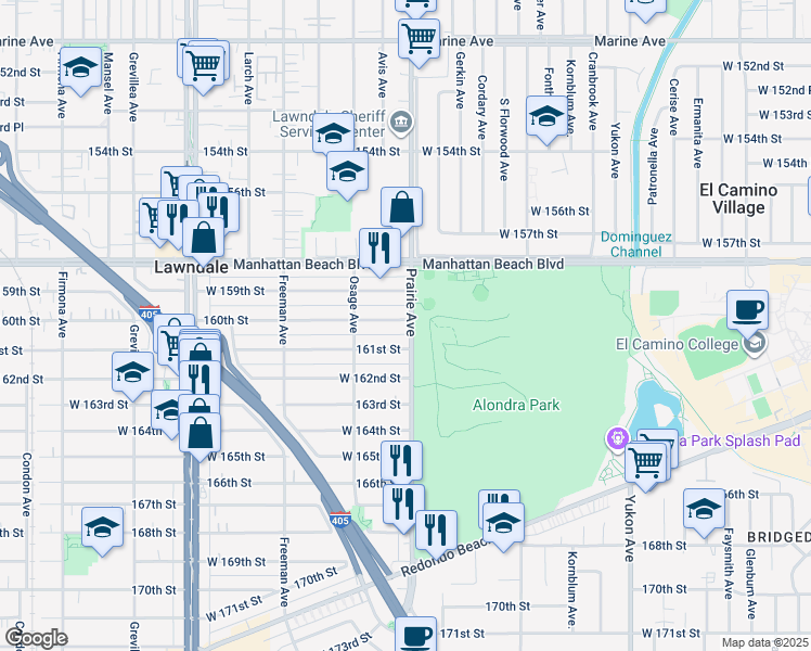 map of restaurants, bars, coffee shops, grocery stores, and more near 16015 Prairie Avenue in Lawndale