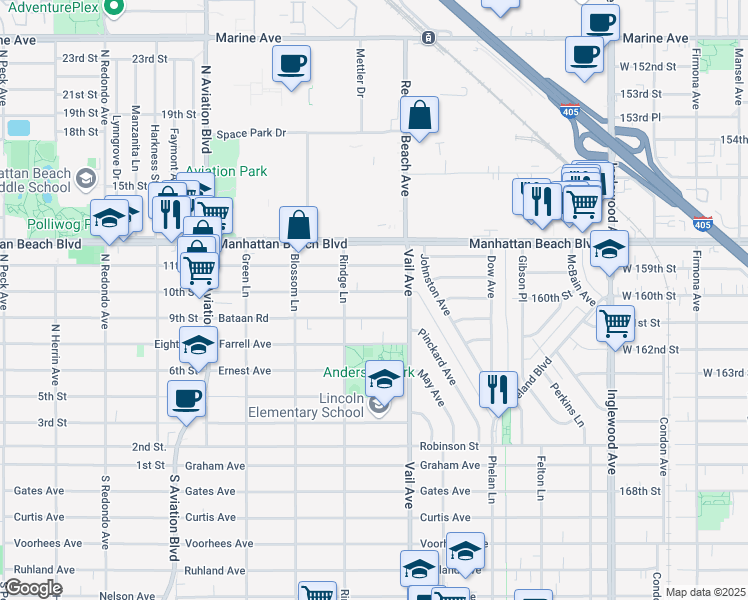 map of restaurants, bars, coffee shops, grocery stores, and more near 2221 Bataan Road in Redondo Beach
